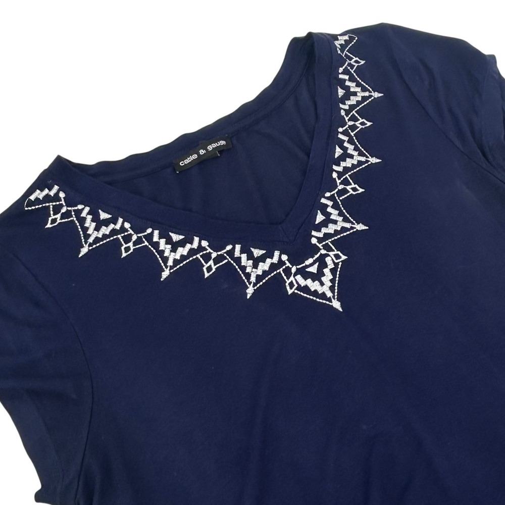 Cable & Gauge Womens Navy Blue Embroidered V-Neck Short Sleeve Top Size M